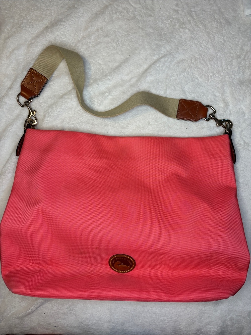 Dooney & Bourke Coral Pink Canvas Shoulder Bag with Tan Leather Trim